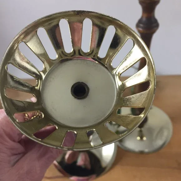 Retro Turned Wood and Metal Pair Candle Holders Votive Tall - Picture 5 of 10